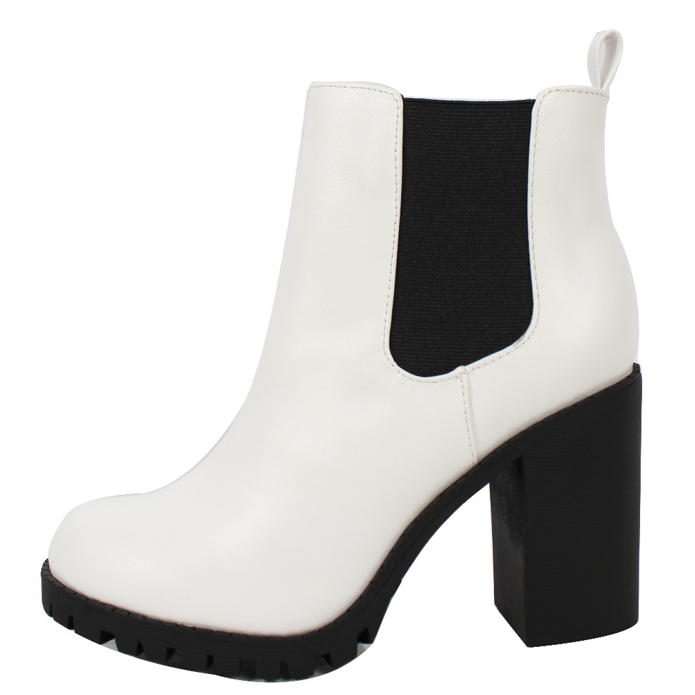 White Chelsea Pull on Tab Lug Block Ankle Bootie